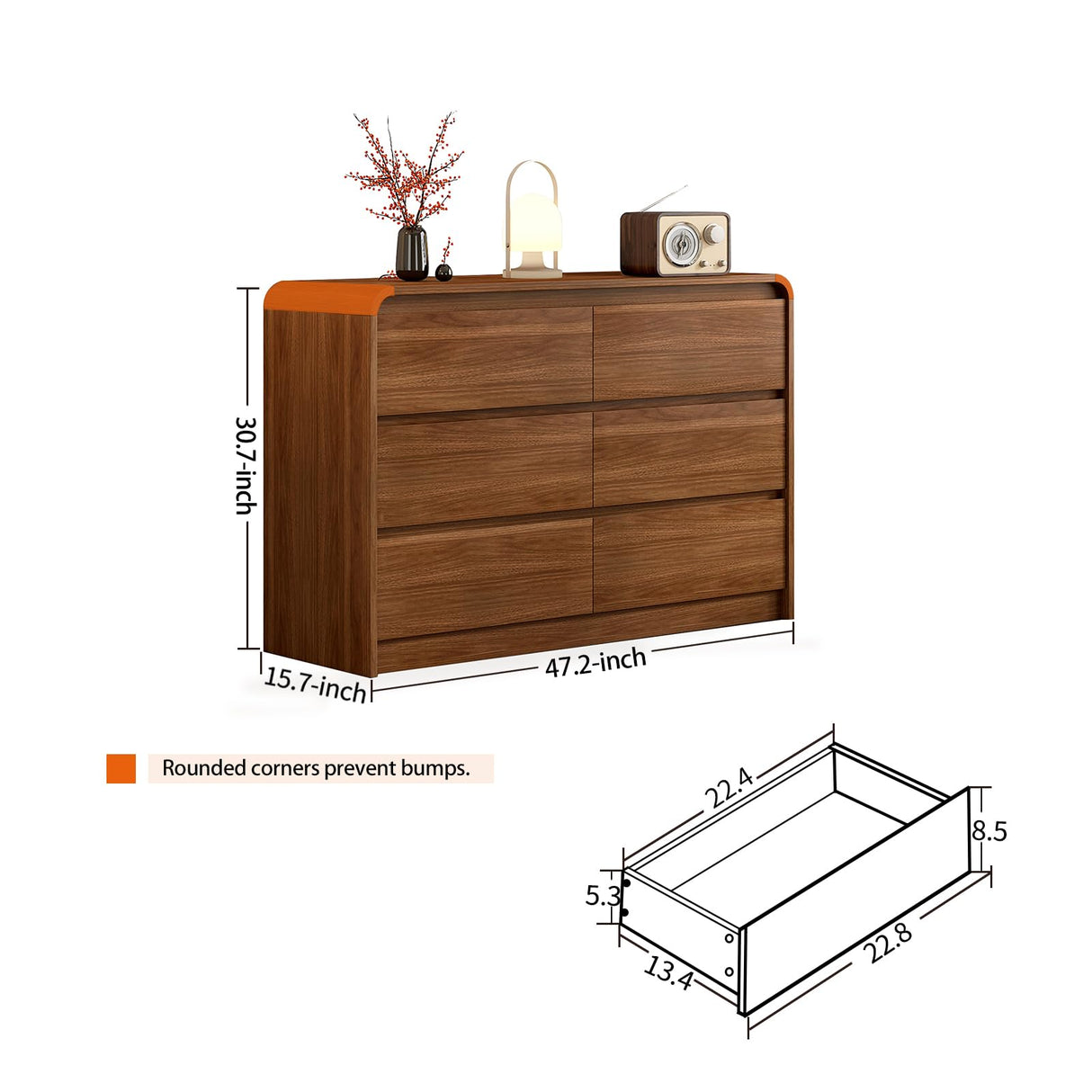 Modern 6 Drawer Dresser, 47-Inch Wood Chest of Drawers, Curved Anti-Collision Design, Mid-Century Storage Cabinet, Pre-Embedded Slots, Natural Texture, for Bedroom, Living Room, TV Stand, Nursery Messenya