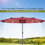 Tangkula 15 Ft Solar LED Patio Double-Sided Umbrella, Extra Large Umbrella w/ 36 Solar Powered LED Lights & Crank System, Outdoor Twin Umbrella for Garden, Deck, Poolside, Patio (Burgundy) Tangkula