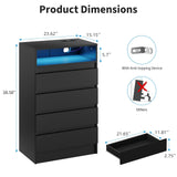MilleLoom 4 Drawer Dresser with Charging Station and LED Lights, Modern Chest of Drawers with Power Outlet, Organizer Cabinet for Bedroom, Living Room, Entryway, Black MilleLoom