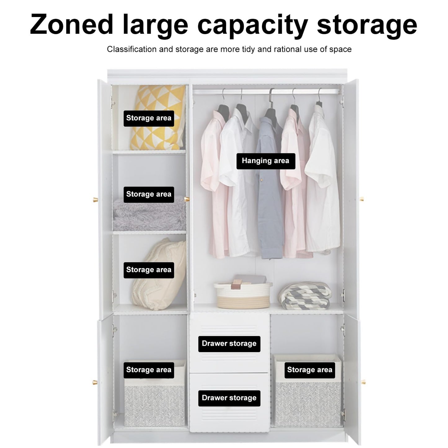 Sophshelter 74.2" Armoire Wardrobe Closet Storage, Wood 3 Door 2 Drawers White Closet Cabinet for Large Capacity, Tall Cabinet Closet with Hanging Rod and 5 Storage 47.3" L x 20.3" W x 74.2" H