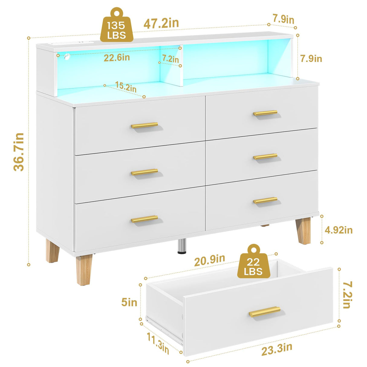 knoworld White 6 Drawer Dresser for Bedroom, Chest of Drawers with LED Light and Power Outlet, Tall Wide Dresser for Organizer Cabinet Bedroom,Living Room,Hallway, Entryway, Bedroom knoworld