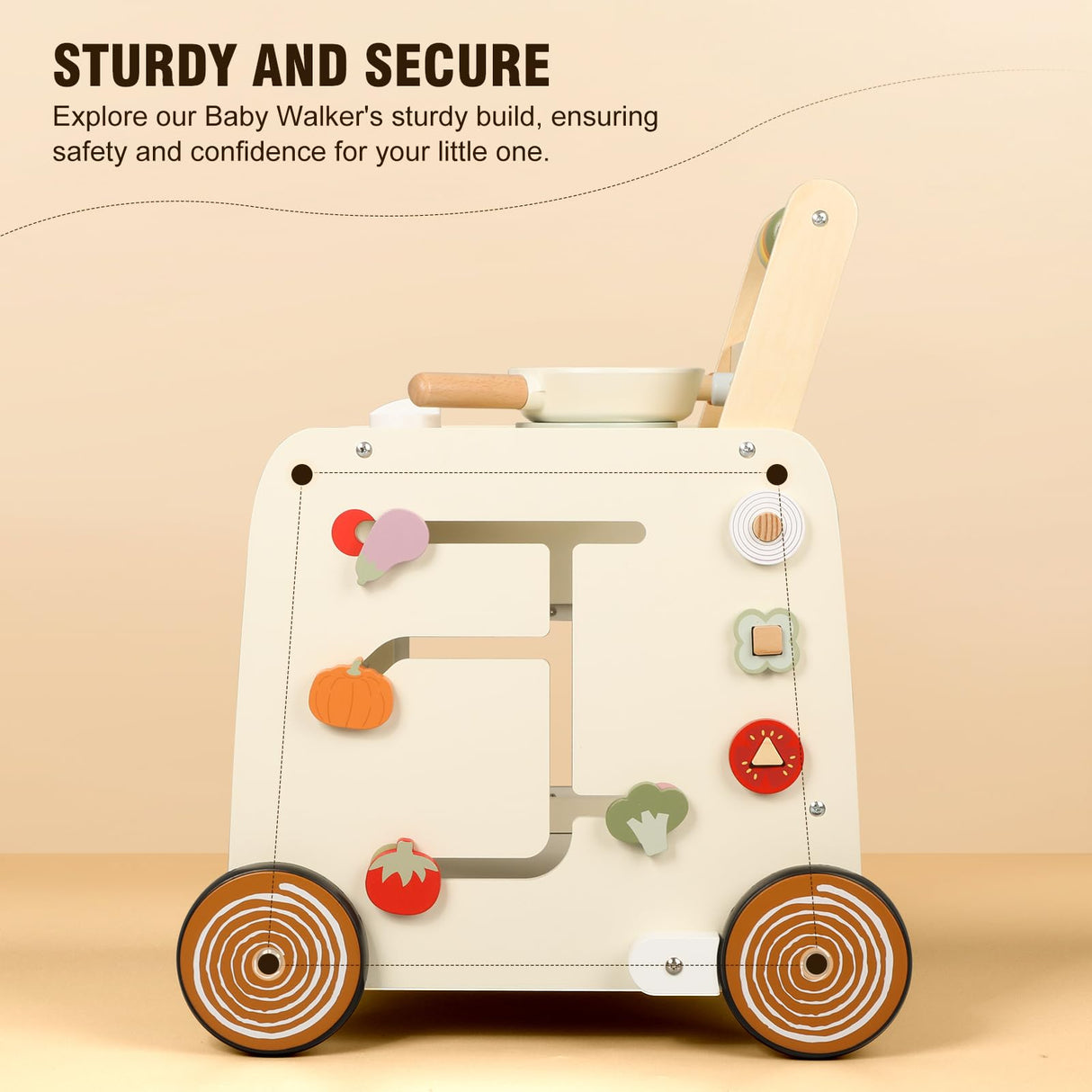 Pithfor Wooden Baby Walker, 3-in-1 Baby Push Walker, with Pretend Kitchen, Montessori Sensory Activity Center, Push Walker Toys for Babies Learning to Walk, Sit-to-Stand Pithfor