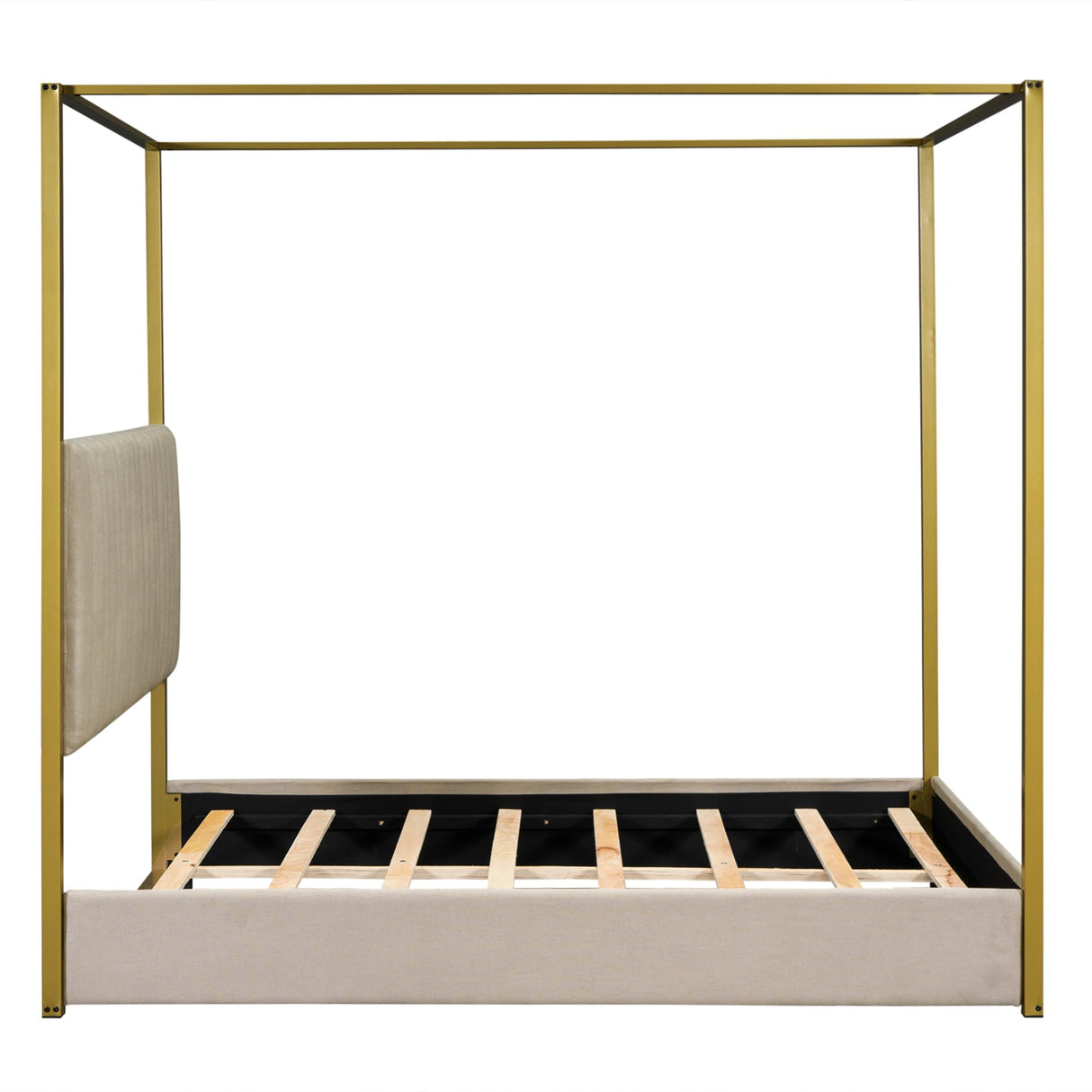 Queen Size Canopy Upholstered Platform Bed with Sturdy Metal Frame and Headboard in Beige Linen KLMM