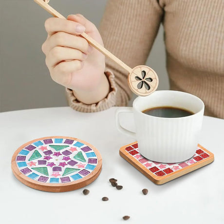 Adboros 10 Sets DIY Glass Mosaic Tiles for Crafts Mixed Color Mosaic Kits with Wooden Coaster for Adults Bamboo Coaster for Drinks Tray Handmade Home Decoration Adboros