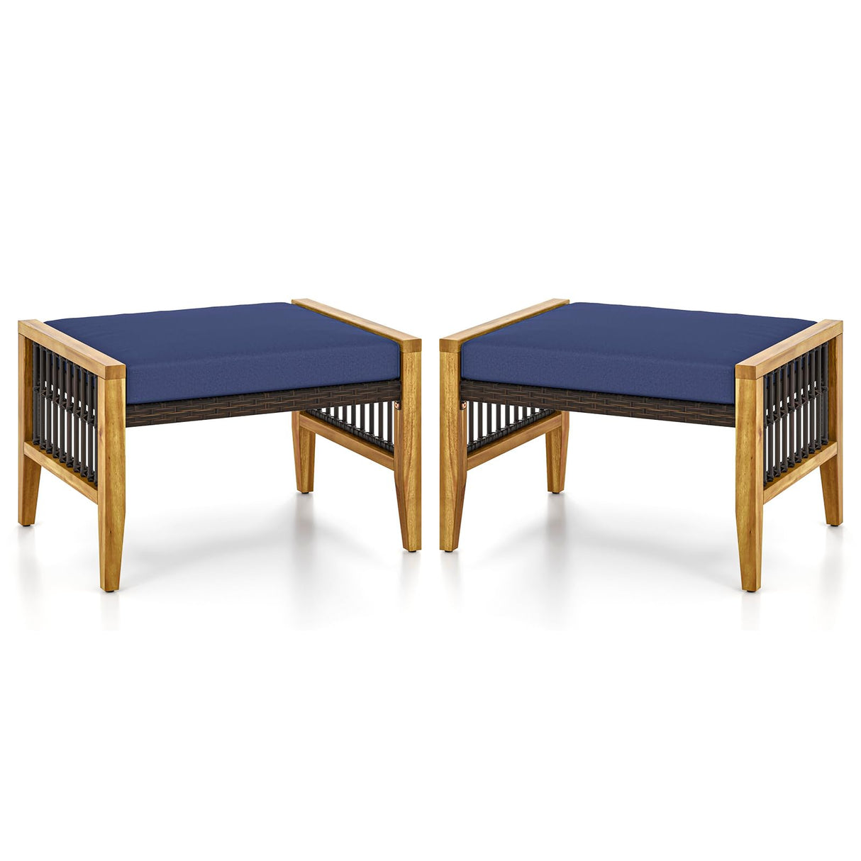 Tangkula Set of 2 Outdoor Ottomans, Patio Acacia Wood Ottomans with Cushions, Versatile Rattan Woven Footstools, Wicker Footrest Extra Seating for Backyard, Poolside, Porch Tangkula