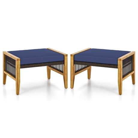 Tangkula Set of 2 Outdoor Ottomans, Patio Acacia Wood Ottomans with Cushions, Versatile Rattan Woven Footstools, Wicker Footrest Extra Seating for Backyard, Poolside, Porch Tangkula