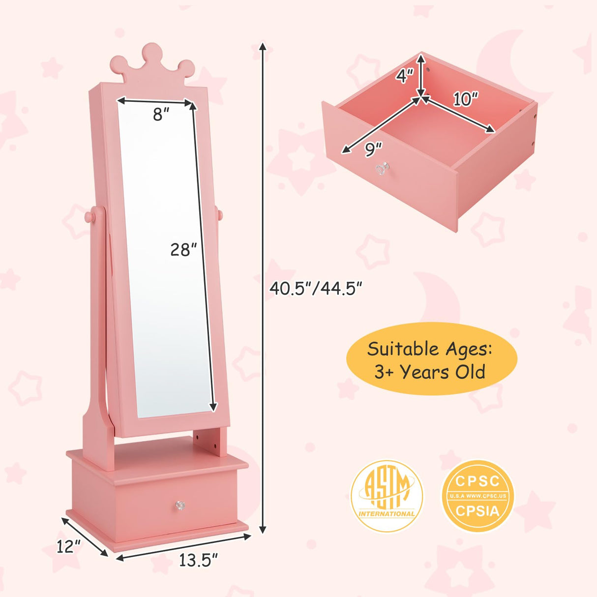 HONEY JOY Kids Jewelry Armoire Cabinet, 2-Angle Tilting Wooden Standing Jewelry Organizer with Full-length Mirror and Storage Drawers, Children Dress Up Jewelry Cabinet for Little Girls (Pink) HONEY JOY