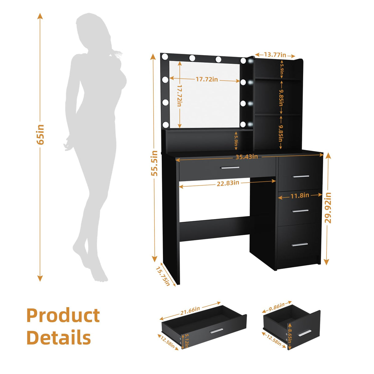 DINGIPP Makeup Vanity Desk with Lighted Mirror and Charging Station, Makeup Table with 4 Drawers & Storage Shelves, Vanity Desk 3 Color Modes Available, Bedroom Dressing Table for Women, girls (Black) DINGIPP