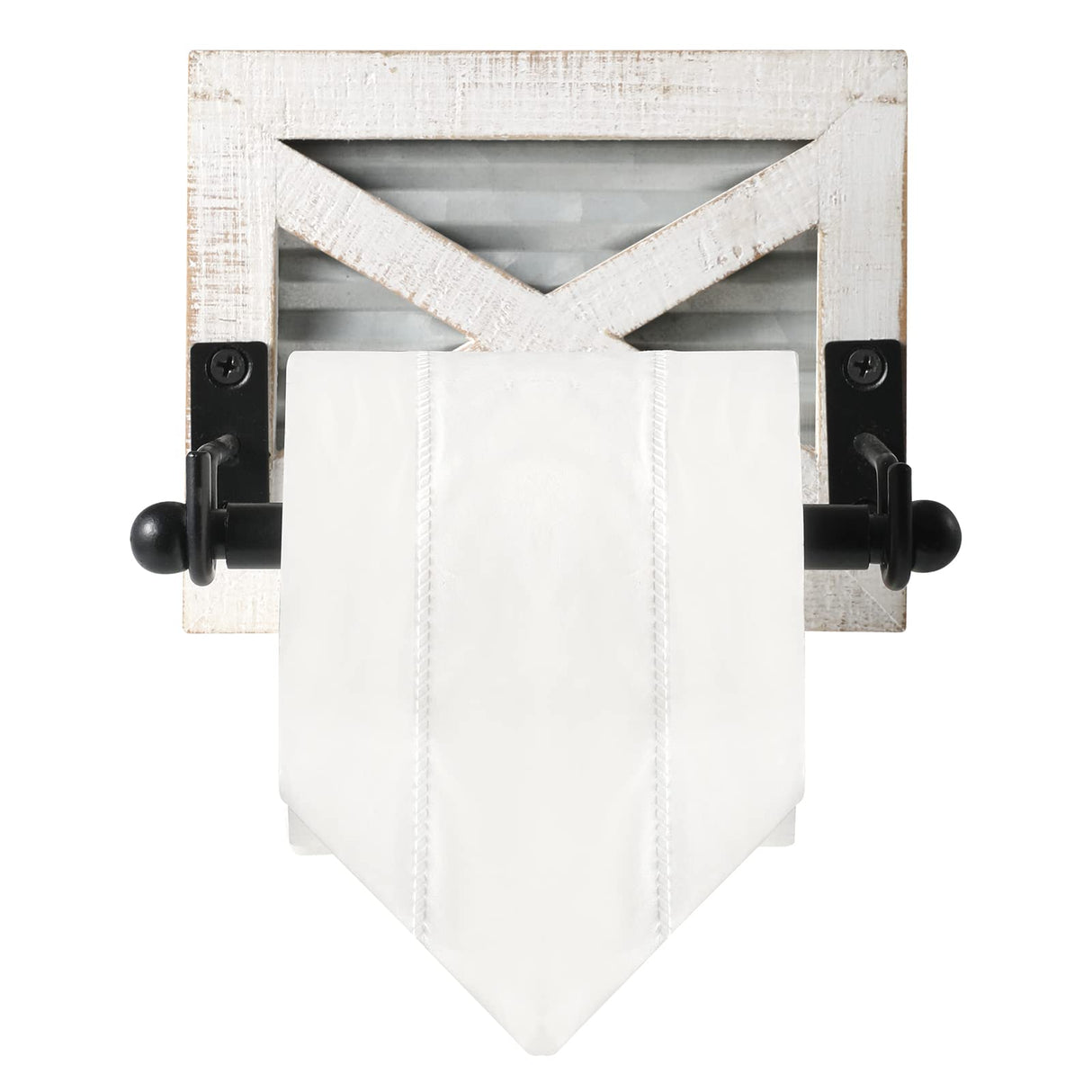 Farmhouse Toilet Paper Holder with Galvanized Metal& Black Metal - Rustic Weathered White Wood Wall Mount Toilet Roll Holder for Bathroom Decor KULEDM