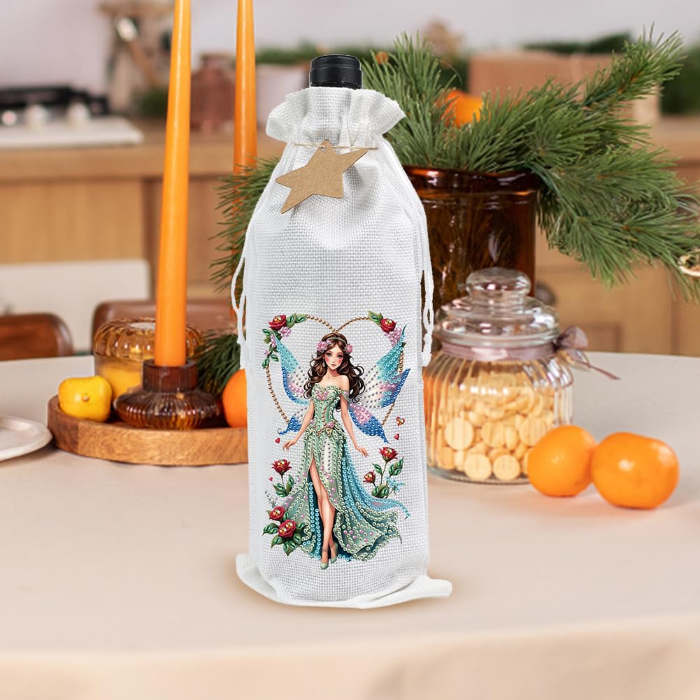 Diamond Art Painting Wine Bottle Gift Bags Kit DIY Linen Wine Wrapping Bags with Diamond Art Design, Champagne Decorative Bags for Christmas, Weddings, Birthdays, and Parties (Fairy) WoodArtSupply