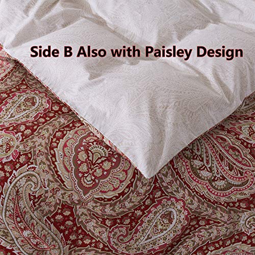 FADFAY Paisley Duvet Cover Set 100% Cotton Ultra Soft Red and Beige Reversible Paisley Bedding Set with Hidden Zipper Closure 3 Pieces, 1Duvet Cover & 2Pillowcases, King/California King Size FADFAY