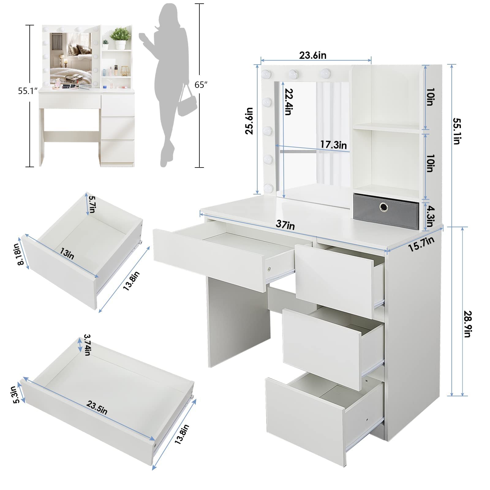 Vabches Makeup Vanity with Lights, 37inch Vanity Desk, 4 Large Drawers Dresser with Lighted Mirror, 3 Lighting Modes Brightness Adjustable, White - WoodArtSupply