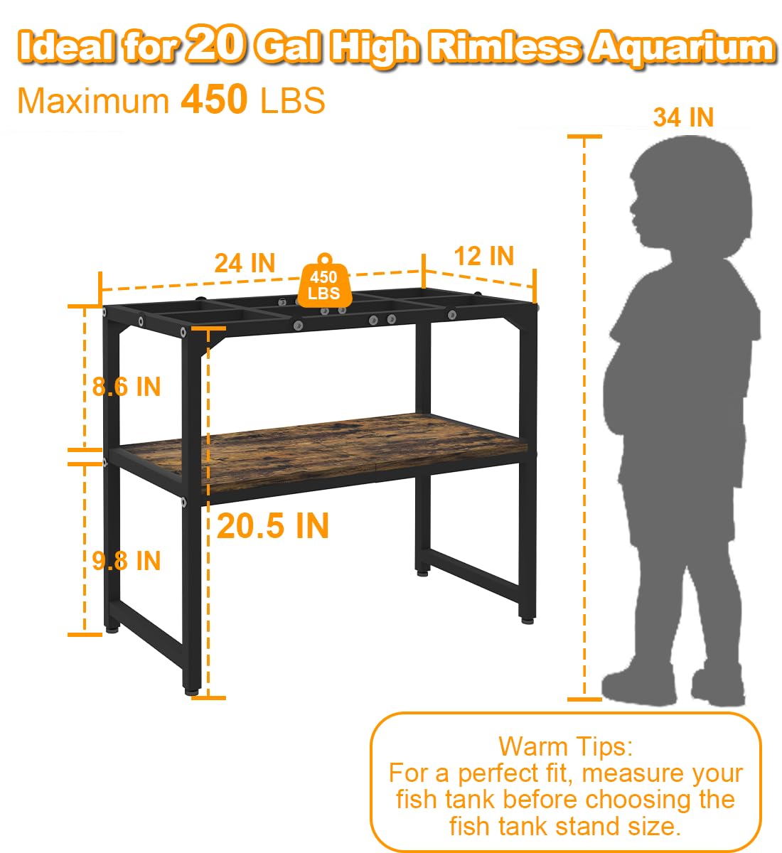 Mondazie 20 Gallon High Rimless Fish Tank Stand with Shelf for Storage, 2 Tiers Metal Aquarium Stand, Breeder Tank Turtle Reptile Terrariums Stand Rack for Home Office, 24" L x 12" W x 20.5"  - WoodArtSupply