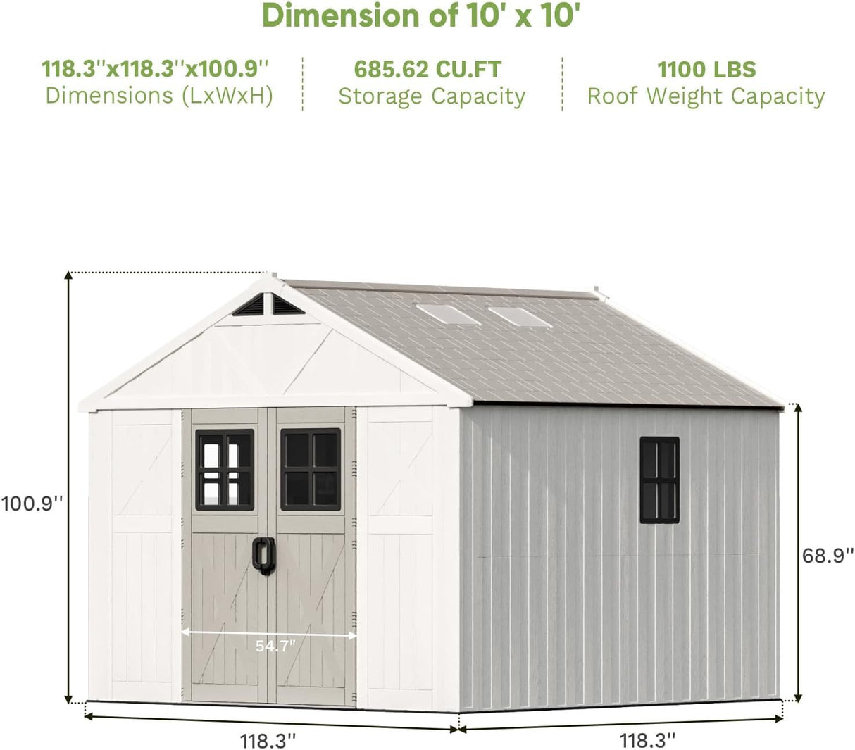 Patiowell 10x10 FT Outdoor Storage Shed, Plastic Shed with Floor and Skylight, Four-Window Resin Storage Shed with Lockable Door for Garden, Patio, Backyard, Beige Patiowell