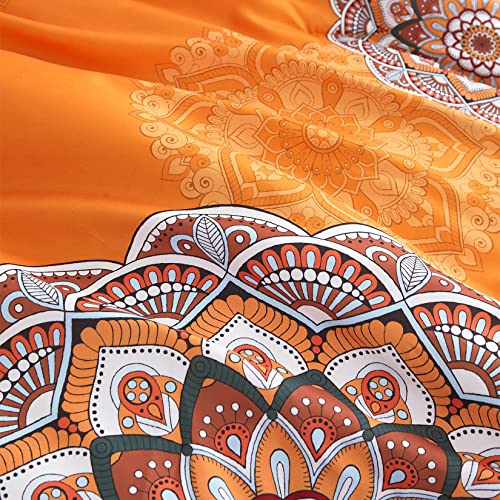 Wake In Cloud - Bohemian Comforter Set, Boho Chic Ornate Floral Elements Pattern Printed for Men Women, Soft Lightweight Bedding, 3 Pieces, Orange Navy, Queen Size Wake In Cloud