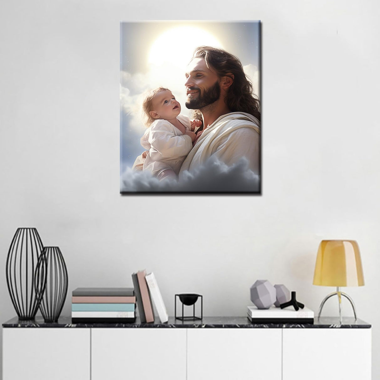 Jesus Holding a Baby on a Cloud Paint by Numbers Kits for Adults Clown DIY Canvas Oil Painting Acrylic Pigment Kits Christ Style Paint by Number Home Wall Art Decor Gift Artwork 16x20In (DIY Frame) Aihonmin
