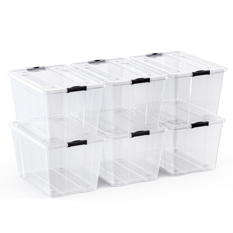 Lifetime Appliance Parts 6 PACK 54 Qt. Plastic Storage Bin Tote Organizing Container with Ultra Durable Lid & Secure Latching Buckles Stackable Extra Strength Clear w/Black Handle Lifetime Appliance Parts