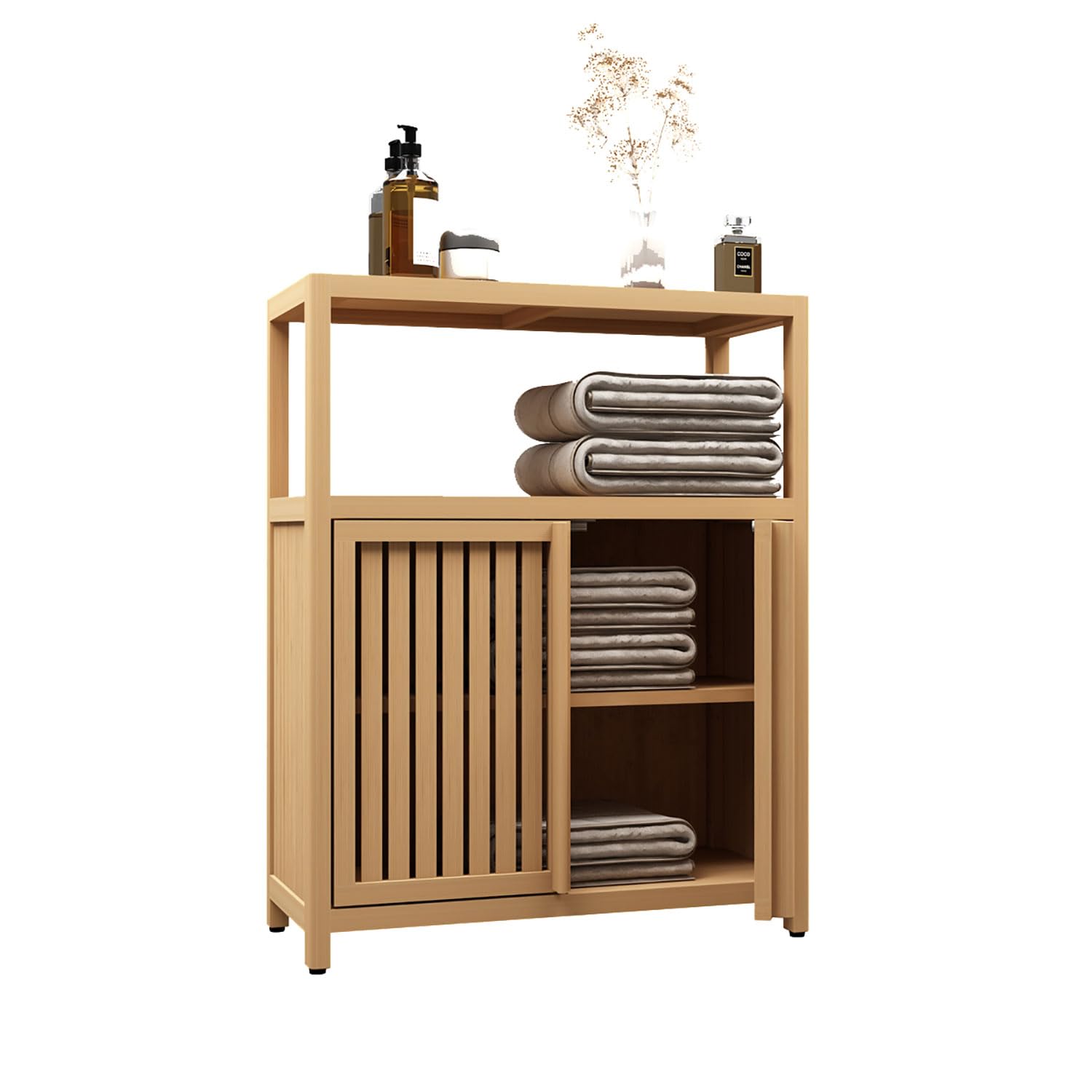 Xmatch Large Capacity Bamboo Bathroom Storage Cabinet with Open Shelf and 2 Doors - WoodArtSupply