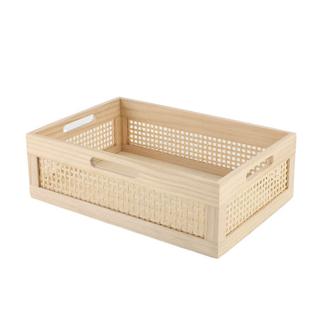 YRMT Wooden Baskets Shallow Wood Storage Basket Crate with Handles Decorative Storage Bins Organizer Rustic Farmhouse Countertop Basket for Shelves,Pantry,Kitchen YRMTKIHE