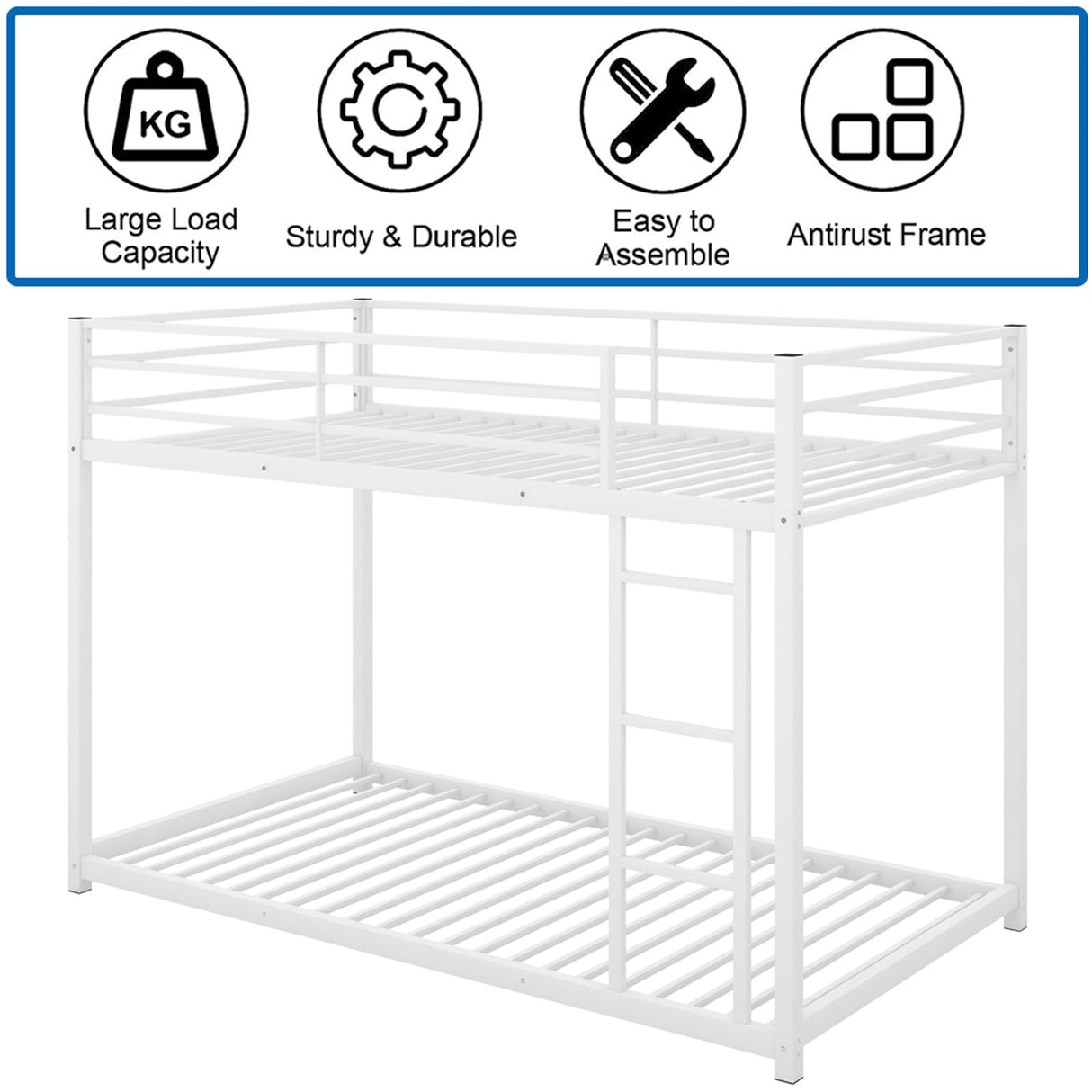 HomJoones Low Metal Bunk Bed Frame for Kids, with Built-in Ladder, High Guardrail and Metal Slats, Floor Bed Bottom Bunk, No Boxspring Required, for Small Spaces, Twin-Over-Twin (White) HomJoones