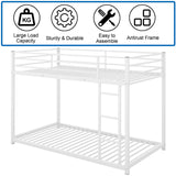 HomJoones Low Metal Bunk Bed Frame for Kids, with Built-in Ladder, High Guardrail and Metal Slats, Floor Bed Bottom Bunk, No Boxspring Required, for Small Spaces, Twin-Over-Twin (White) HomJoones