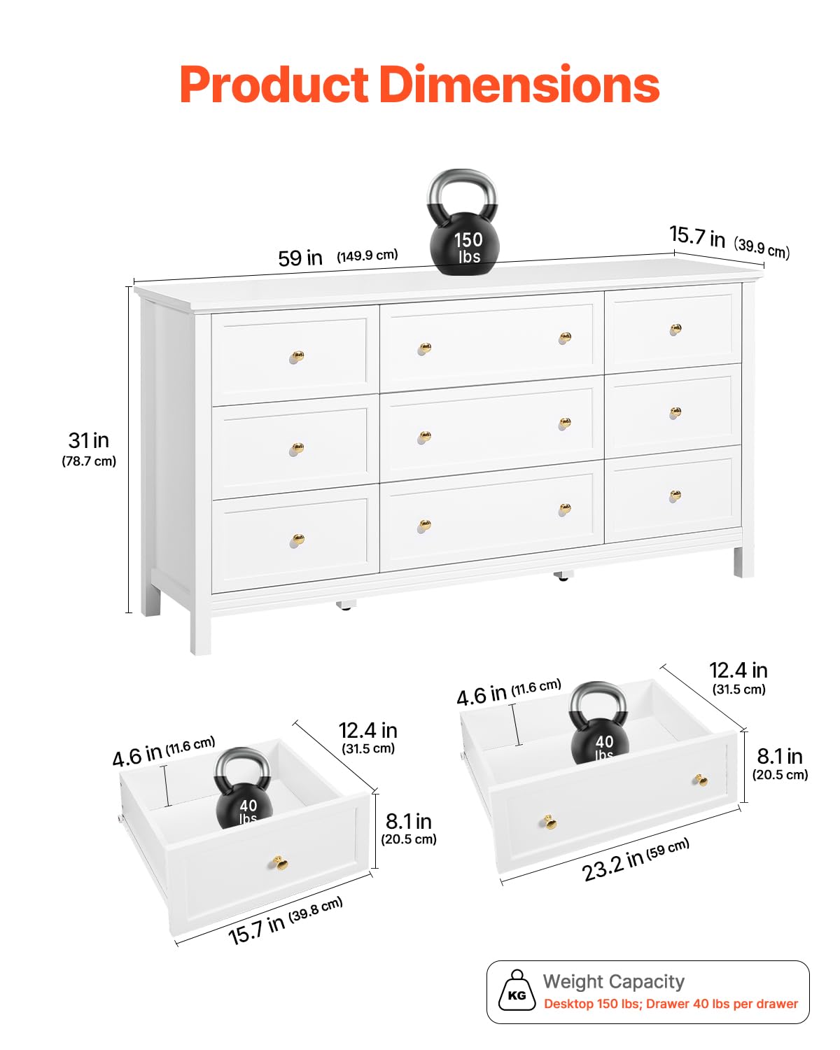 VEVOR 9 Drawer Dresser, Wooden Chest of Drawers with Sliding and Anti-tip Device, Retro Minimalist Dresser Chest, Closet Storage TV Stand Organizer for Living Room, Hallway, Bedroom, Entryway, White VEVOR