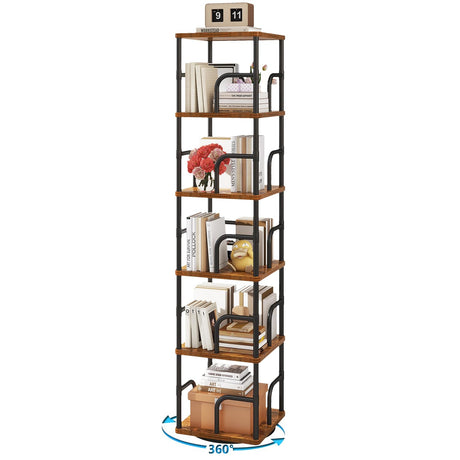 IBUYEK 6 Tier Square Rotating Bookshelf, 360° Spinning Bookcases Tower,Freestanding Corner Bookshelf with Rails,Industrial Swivel Bookcase Organizer for Bedroom, Living Room,Study,Brown,UTBC005H IBUYKE