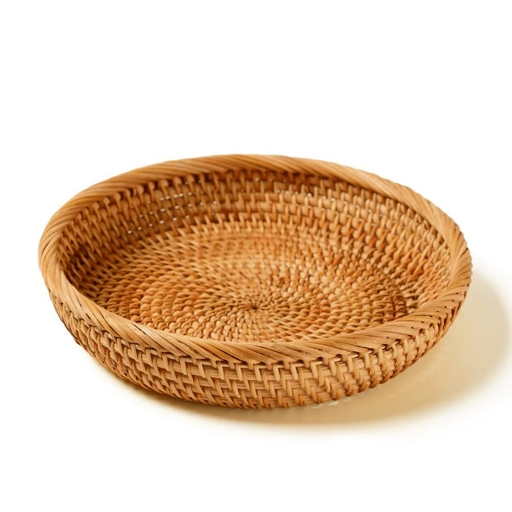 I-lan 7.5 Inch Rattan Bread Basket with 2” Wall, Flat Wicker Basket Tray with Rolled Edge, Round Bowl Decorative Showcase Catch All Dish for Food, Fruit, Keys, Brown, S i-lan