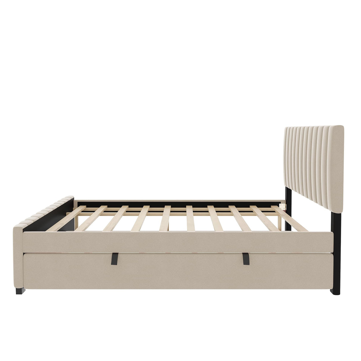 Merax Full Size Bed with Trundle, Velvet Upholstered Platform Bed Frame, No Box Spring Needed, Wood Slat Support, Modern Luxury Bedroom Furniture for Small Space, Beige Merax