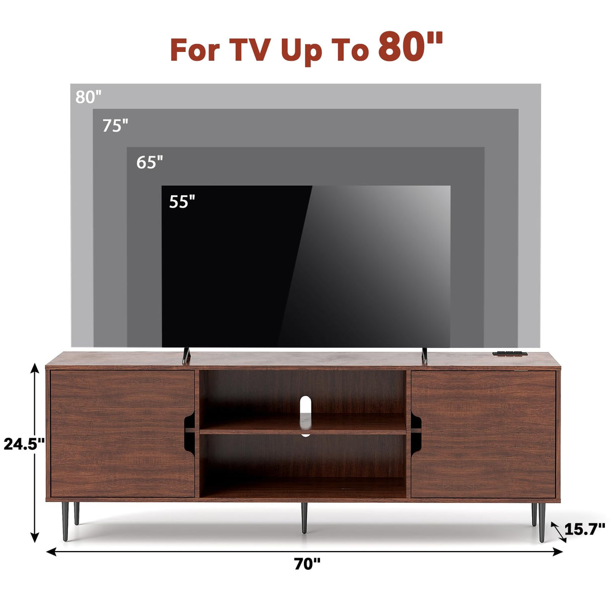 Redkey TV-Stand for Living Room - Mid Century Modern TV Stand with 3AC Outlets, Farmhouse Television Stands for 70 75 80 Inch TVs - Adjustable Shelf Height - Large Space Capacity - Reddish Brown Redkey