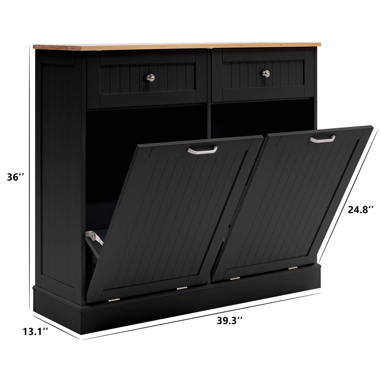 Double Trash Cabinet Tilt Out 20 Gallon, Pet Proof Kitchen Trash Cabinet Laundry Hamper with Cutting Board, Wood Garbage Recycling Station Hideaway Trash Holder Drawers (Black) Gitua