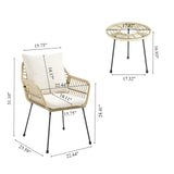 DAYAOUTDOOR 3 Pieces Outdoor Bistro Set, Bistro Set Outdoor with Glass Top Table, Patio Wicker Furniture Set 3 Piece, Rattan Conversation Set for Balcony, Lawn, Garden, Backyard, Poolside, Beige DAYAOUTDOOR