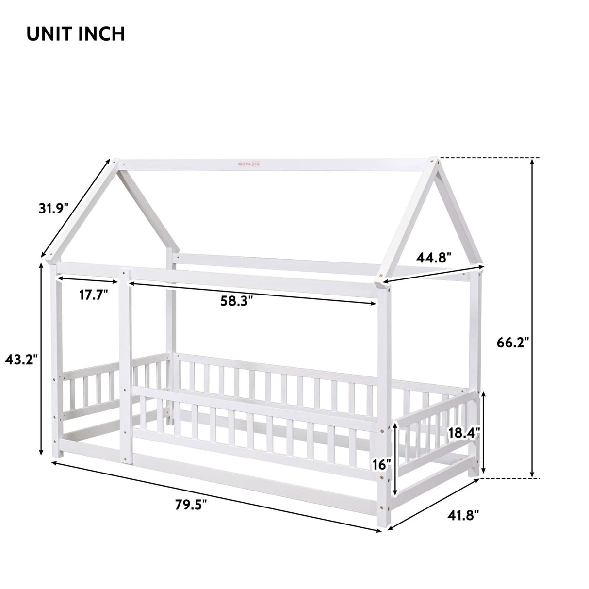Montessori Twin House Bed Frame with Roof and Fence for Kids, Natural Pine LLS