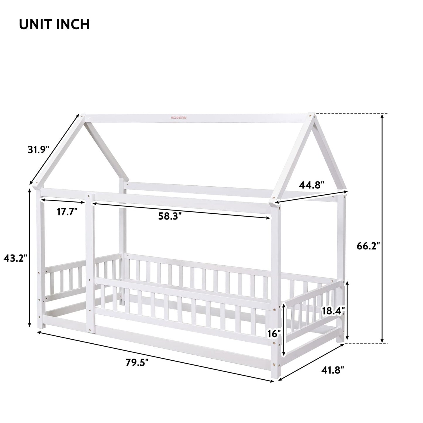 Montessori Twin House Bed Frame with Roof and Fence for Kids, Natural Pine - WoodArtSupply