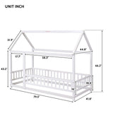 Montessori Twin House Bed Frame with Roof and Fence for Kids, Natural Pine LLS