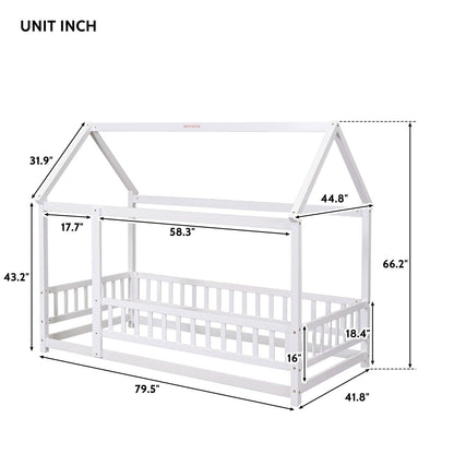 Montessori Twin House Bed Frame with Roof and Fence for Kids, Natural Pine - WoodArtSupply