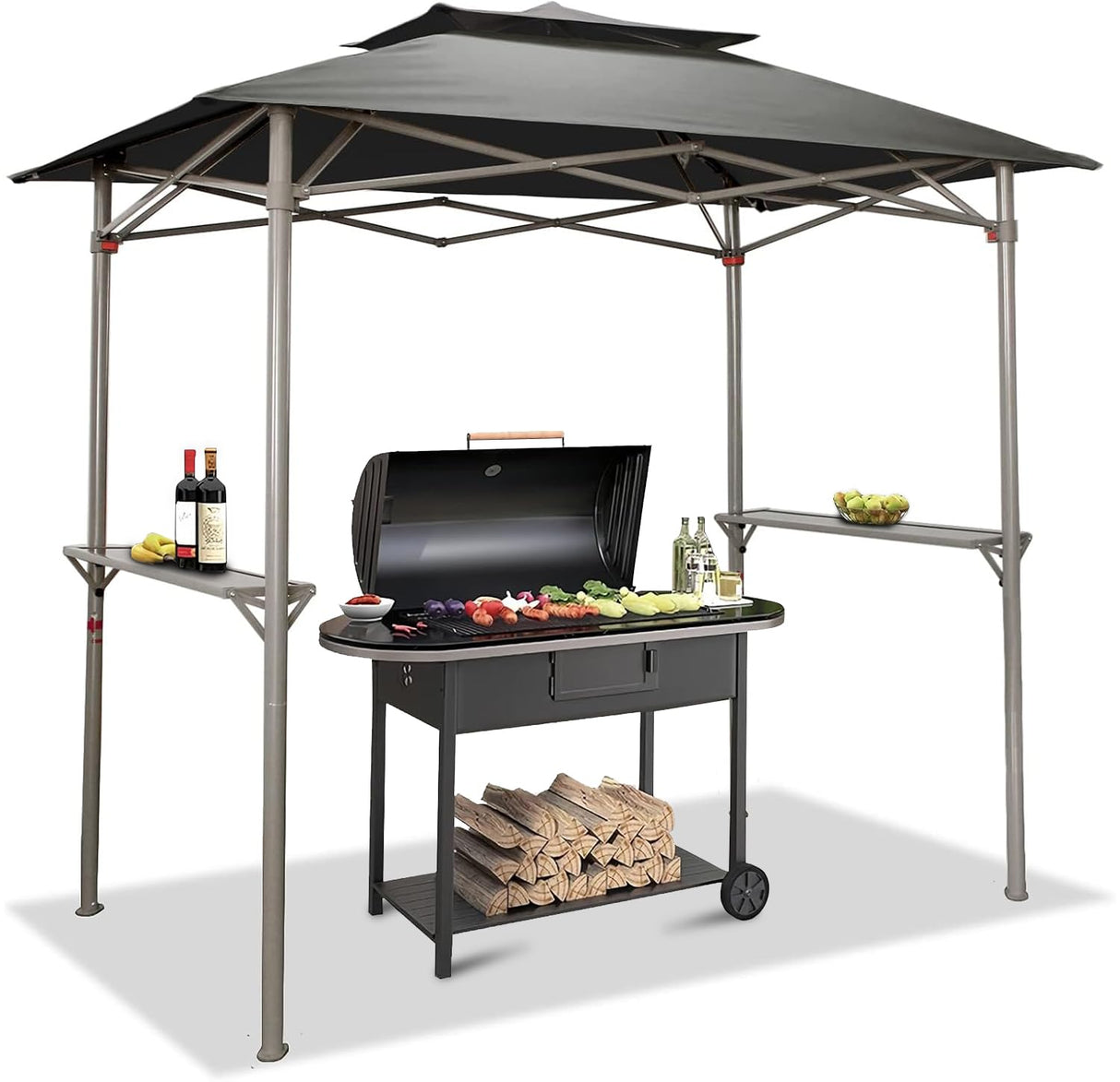 CROWN SHADES 8 x 5 Foot BBQ Grill Gazebo Beach Tent Canopy, Easy Up Outdoor Patio Shade Cover with Double Tier Vented Top & 2 Side Shelves, Grey CROWN SHADES