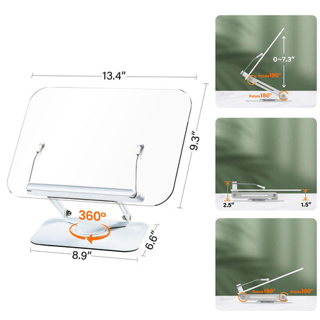 Acrylic Book Stand for Reading, Adjustable Book Holder with 360° Rotating Base & Elastic Page Clips, Foldable Desktop Riser Stand for Cookbook,Laptop,Tablet,Music Scores,Recipe,Textbook BYMECOST
