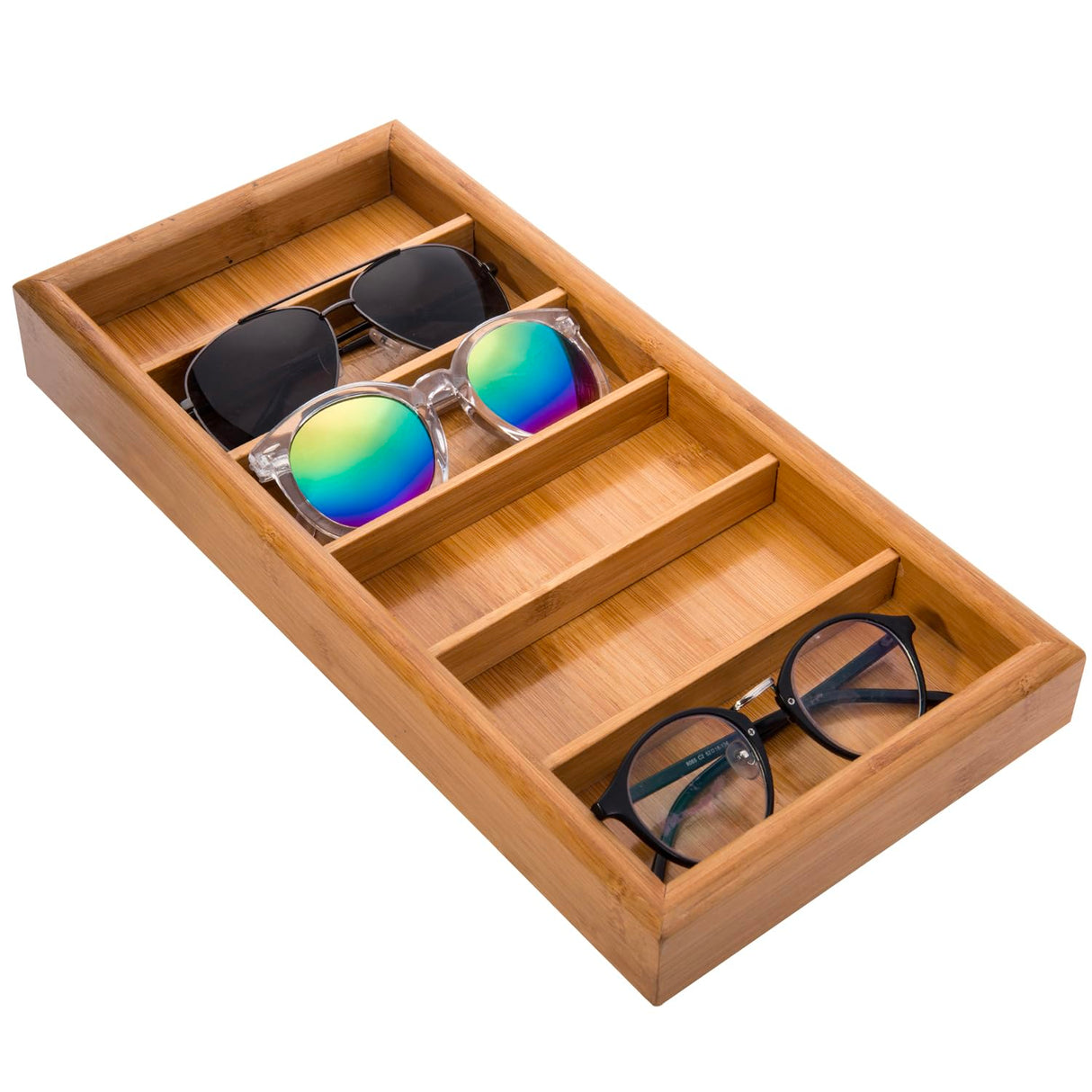 MyGift 7 x 15 inch Modern Bamboo 6-Slot Sunglasses Storage Case, Eyewear Display Tray MyGift