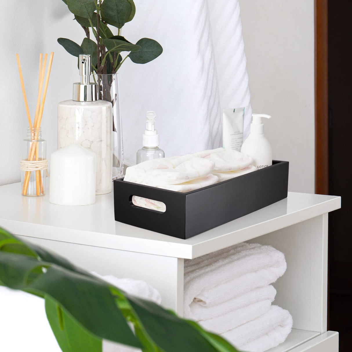 ALELION Black Bathroom Basket - Wooden Toilet Tank Paper Basket with Handle for Organizing - Back of Toilet Storage Organizer for Bathroom Tank Topper Counter - Black Bathroom Decor Box ALELION