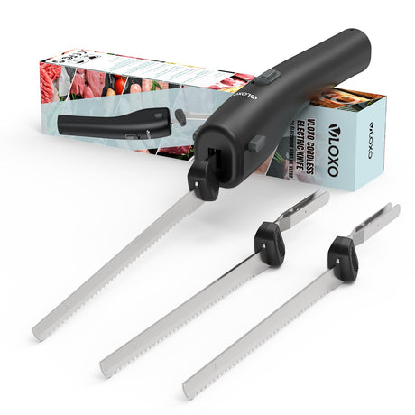 VLOXO Cordless Electric Knife, Electric Knives Rechargeable Bread Knife with Safety Lock Ergonomic Handle Electric Meat Knife for Carving Meat Bread Steak Fish Fillet Cheese Include 2 Blades VLOXO