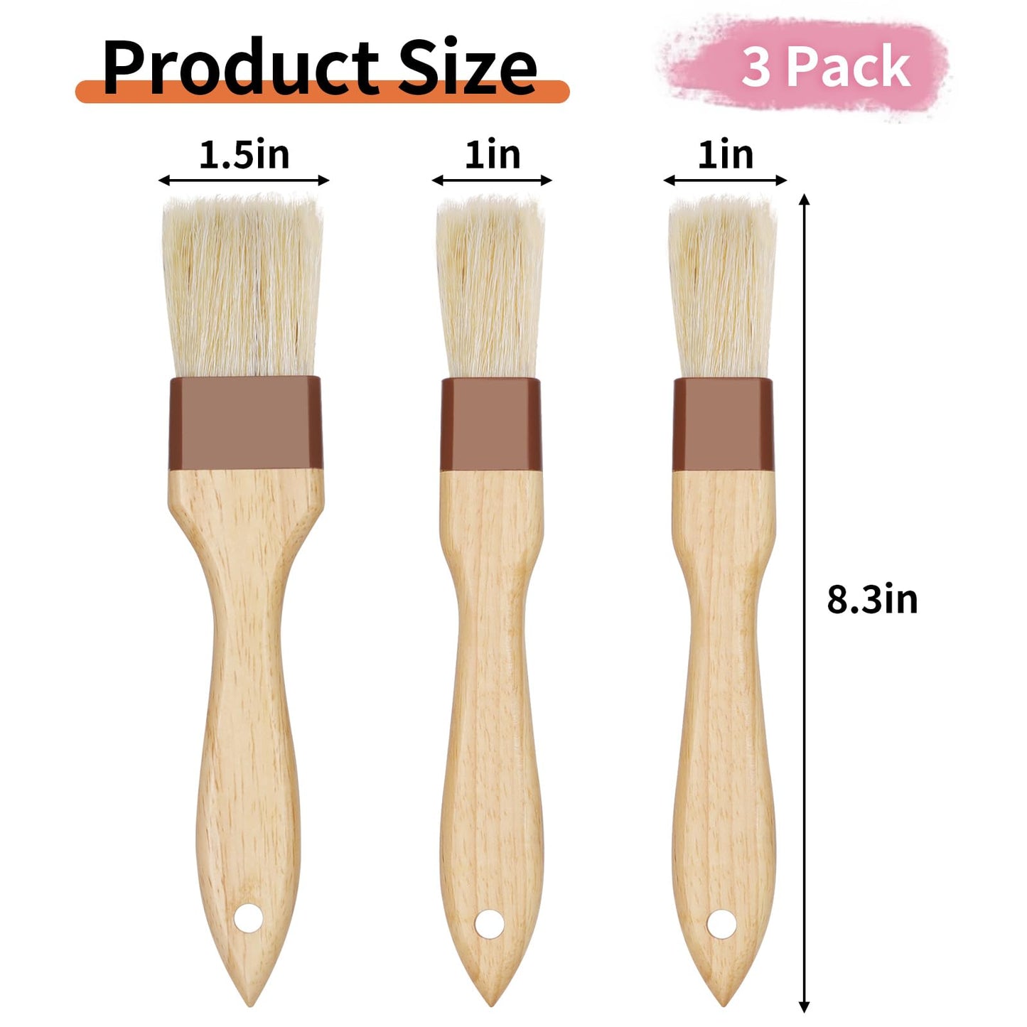 3 Pcs Pastry Brush, Natural Bristle Basting Brush, Cooking Brush, Food Brush, Butter Brush, Baster Brush, BBQ Brushes for Sauce, Kitchen Baking Brushes for Oil, Grilling, Marinade