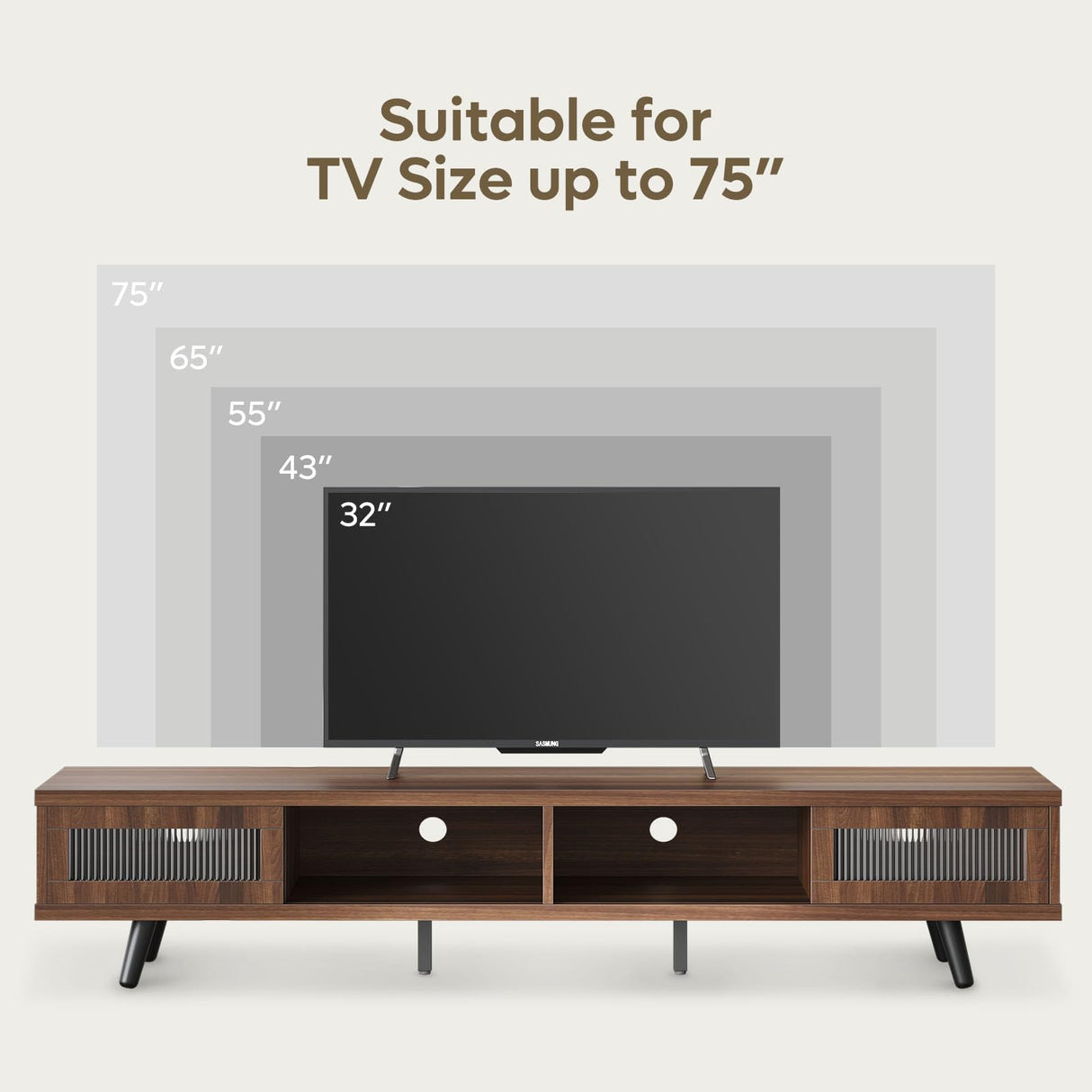 Bestier Mid Century Modern TV Stand for 75 inch TV, LED Entertainment Center with Storage and Sliding Doors, Low Profile TV Consoles for Living Room, Ancona Walnut Bestier