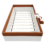 PU Upholstered Floor Bed with Fence and Stairs, Twin Floor Bed with Slats, Montessori Floor Bed for Kids, Girls, Boys, Twin Size Montessori Bed (Brown+White) Bellemave