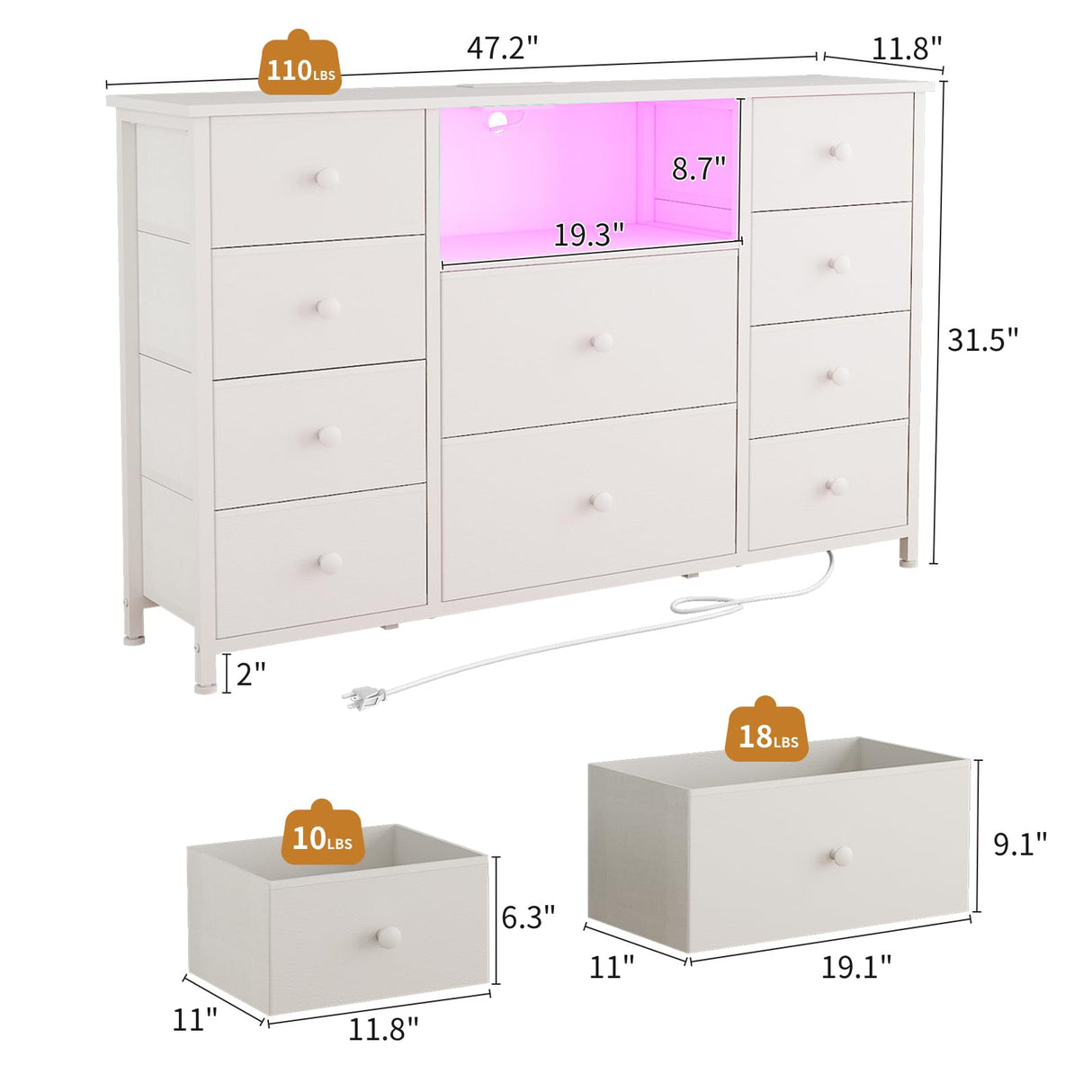 Dresser for Bedroom with 10 Drawers, White Storage Organizer TV Stand for 55" TV with LED Lights and Sockets, Fabric Chest of Drawers with PU Finish for Kid Room, Entryway, Living Room, Hallway LIWEIJIA