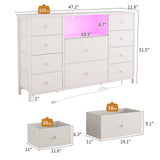 Dresser for Bedroom with 10 Drawers, White Storage Organizer TV Stand for 55" TV with LED Lights and Sockets, Fabric Chest of Drawers with PU Finish for Kid Room, Entryway, Living Room, Hallway LIWEIJIA