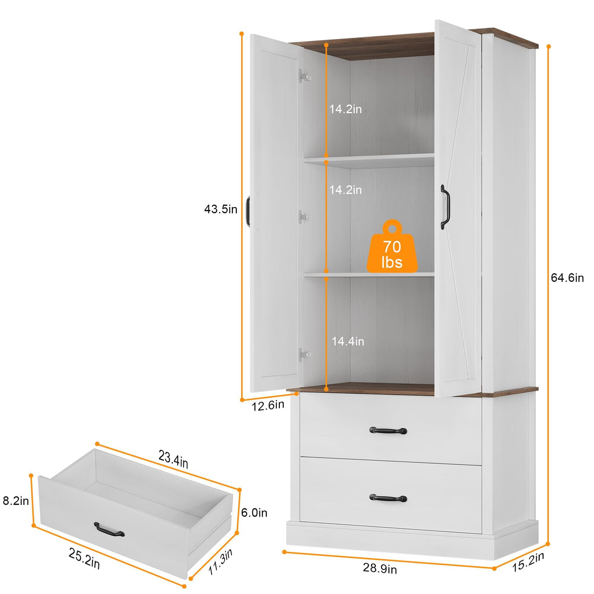 GarveeHome Kitchen Pantry Cabinet, Farmhouse Storage Cabinet with Barn Doors, Drawers and Adjustable Shelves, Versatile Storage for Kitchen, Dining Room, Rustic White GarveeHome