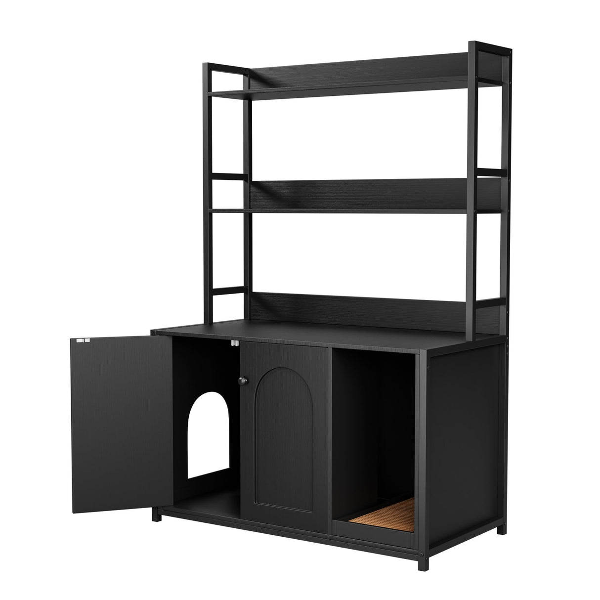 Litter Box Enclosure with 2 Storage Shelves Black Hidden Cat Litter Box Furniture with Scratch Pad, Indoor Cat House Kitty Box Washroom Cat Bookshelf Cabinet Hipicute