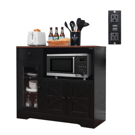 Walmokid Storage Cabinet with Power Outlet, 35" Modern Sideboard Buffet Cabinet w/Adjustable Shelf, Wooden Kitchen Cabinet with Open Shelves for Living Room, Dining Room, Kitchen, Black Walmokid