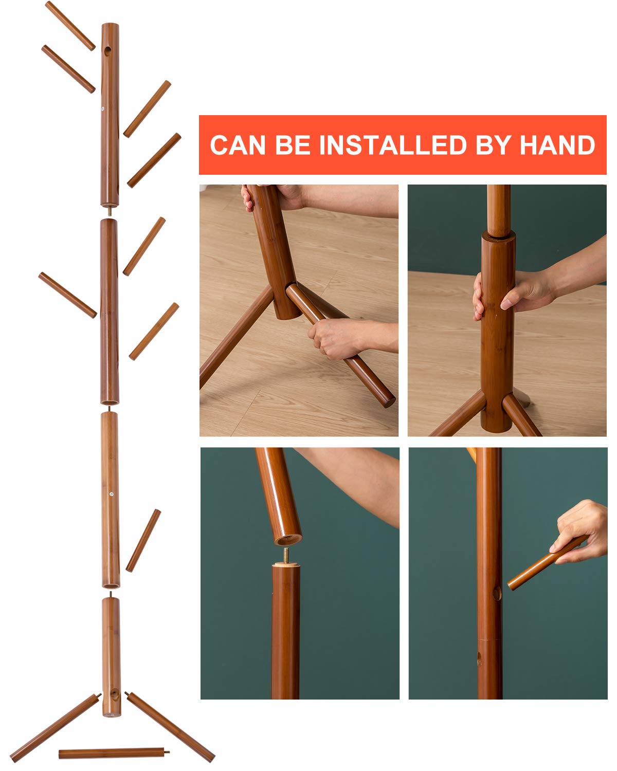 BMOSU Coat Rack freestanding Stand Bamboo Wooden Coat Tree 8 Hooks 3 Adjustable Standing Jackets Hanger Hallway Corner Parlor(Brown) BMOSU
